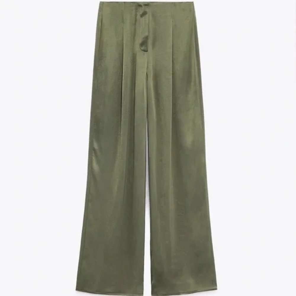Zara Satin Effect Full Length Dart Pants in Olive